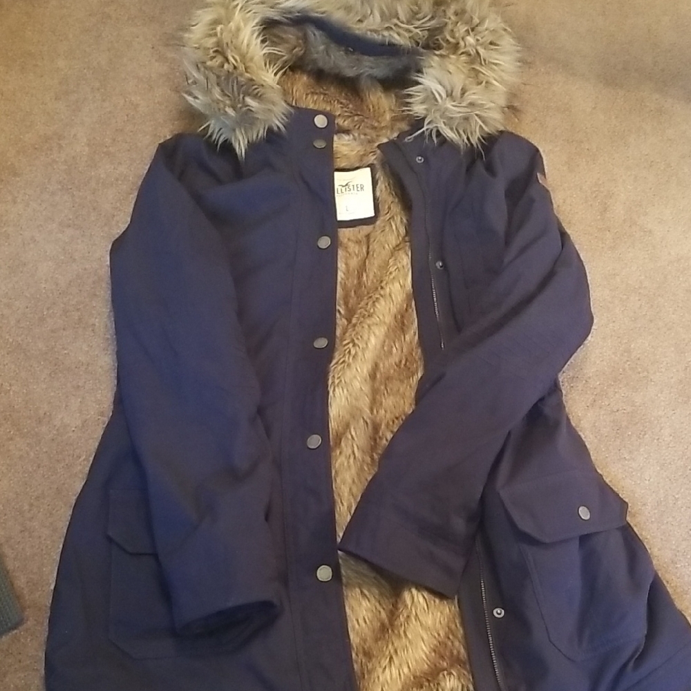 Hollister Dark Blue Utility Jacket with Faux Fur Hood